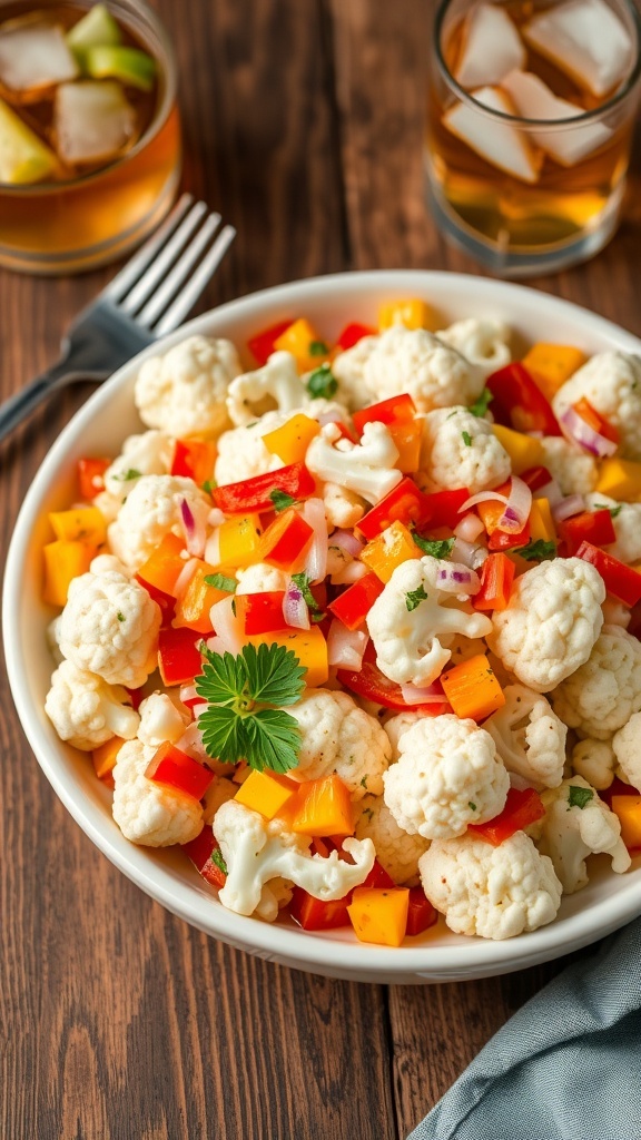 Chilled cauliflower salad with bell peppers and parsley in a bowl on a wooden table.